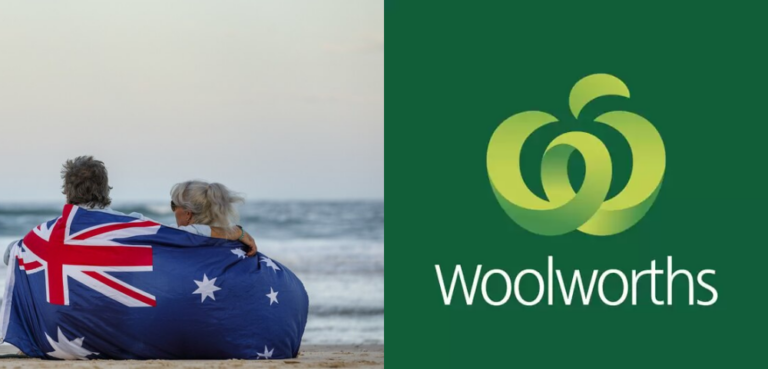 Woolworths logo beside two people holding Australia Day flag