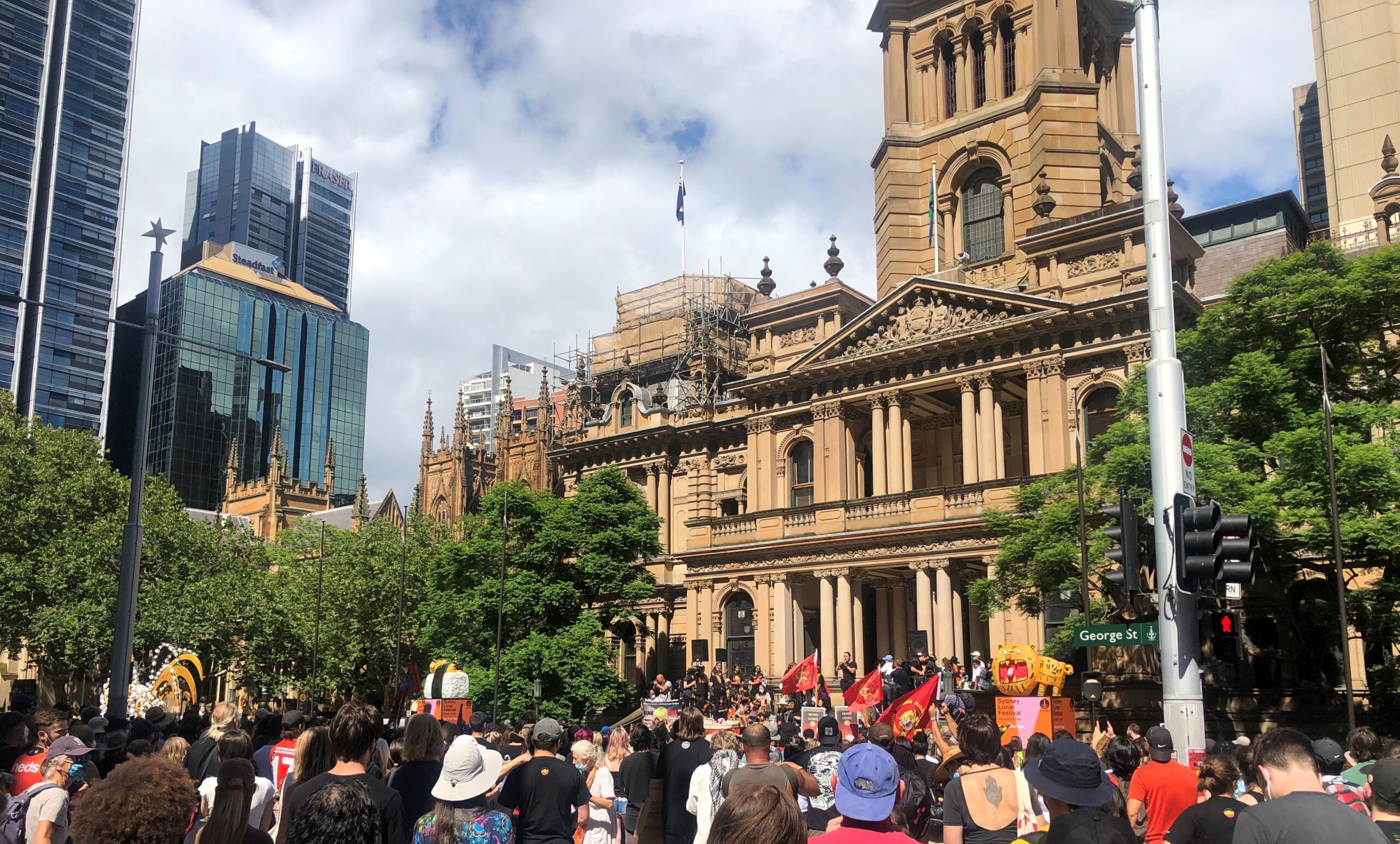 Thousands rally at Town Hall for Invasion Day march on the 50th anniversary of the Aboriginal Tent Embassy