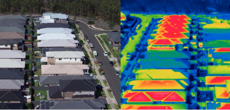 Normal and infrared aerial image showing temperature differences of roof materials and colours.